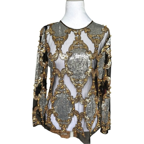 Tops - Sequin Lace Mesh Long Sleeve Shirt Top O-Neck